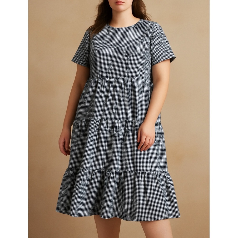 Downeast Navy Gingham Tiered Midi Dress XXL Short Sleeve Cottagecore Preppy